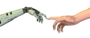 Artificial intelligence, conceptual computer artwork. Human hand (right) touching fingers with a robot's hand (left), mimicking Michelangelo's painting The Creation of Adam (in the Sistine Chapel, Rome, Italy) where two pointing hands meeting signify the biblical story of the creation of Adam by God. This image could symbolise humans creating robots.